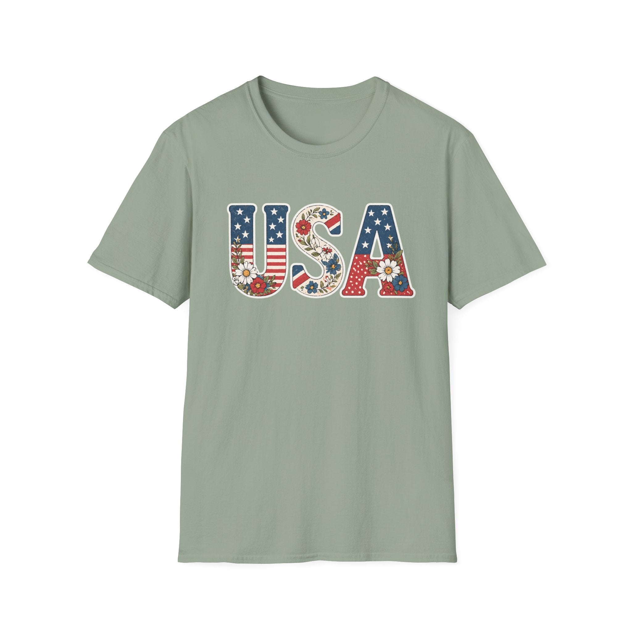 USA Patriotic Floral T-Shirt | American Flag Block Lettering Graphic Tee, Fourth Of July Vintage Cottagecore Top