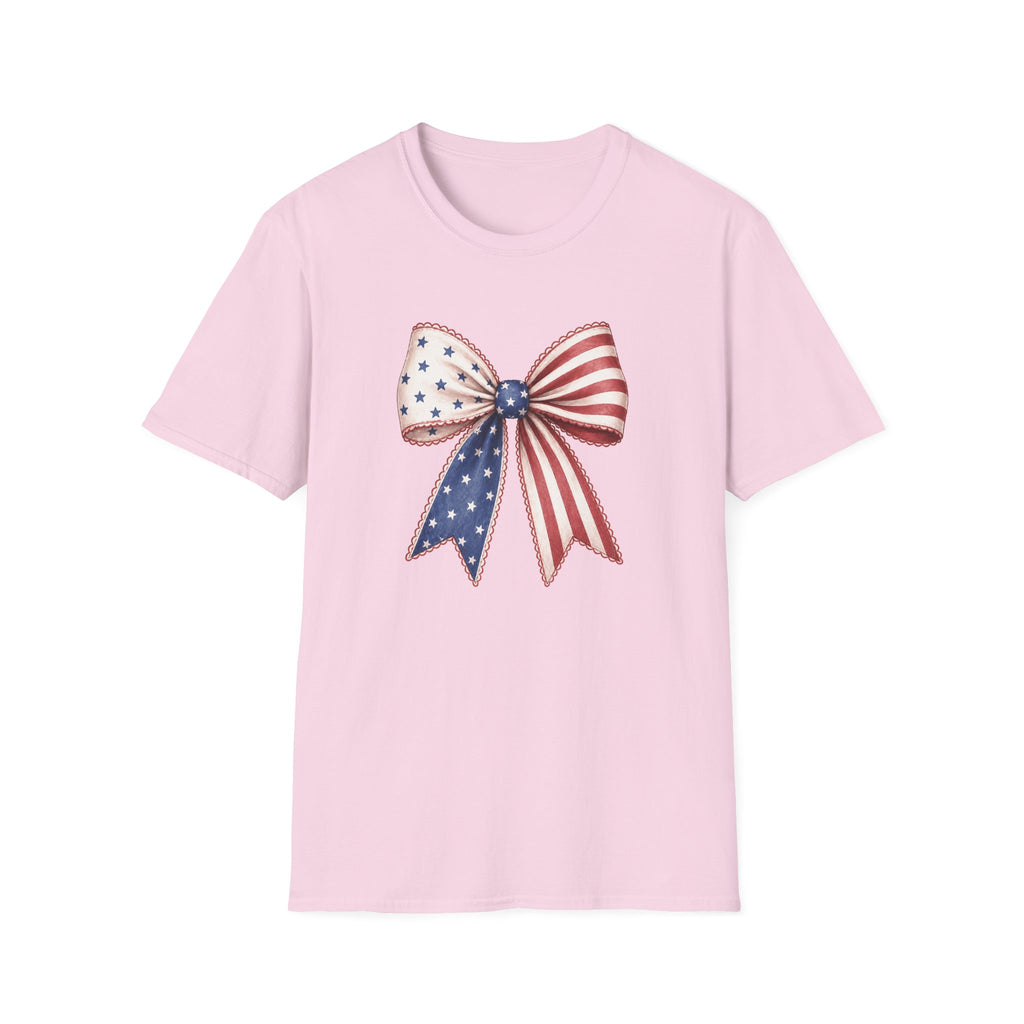 Patriotic American Flag Bow Tee, USA Pride Graphic Shirt, Fourth of July Outfit, Cute Red White Blue Bow Top