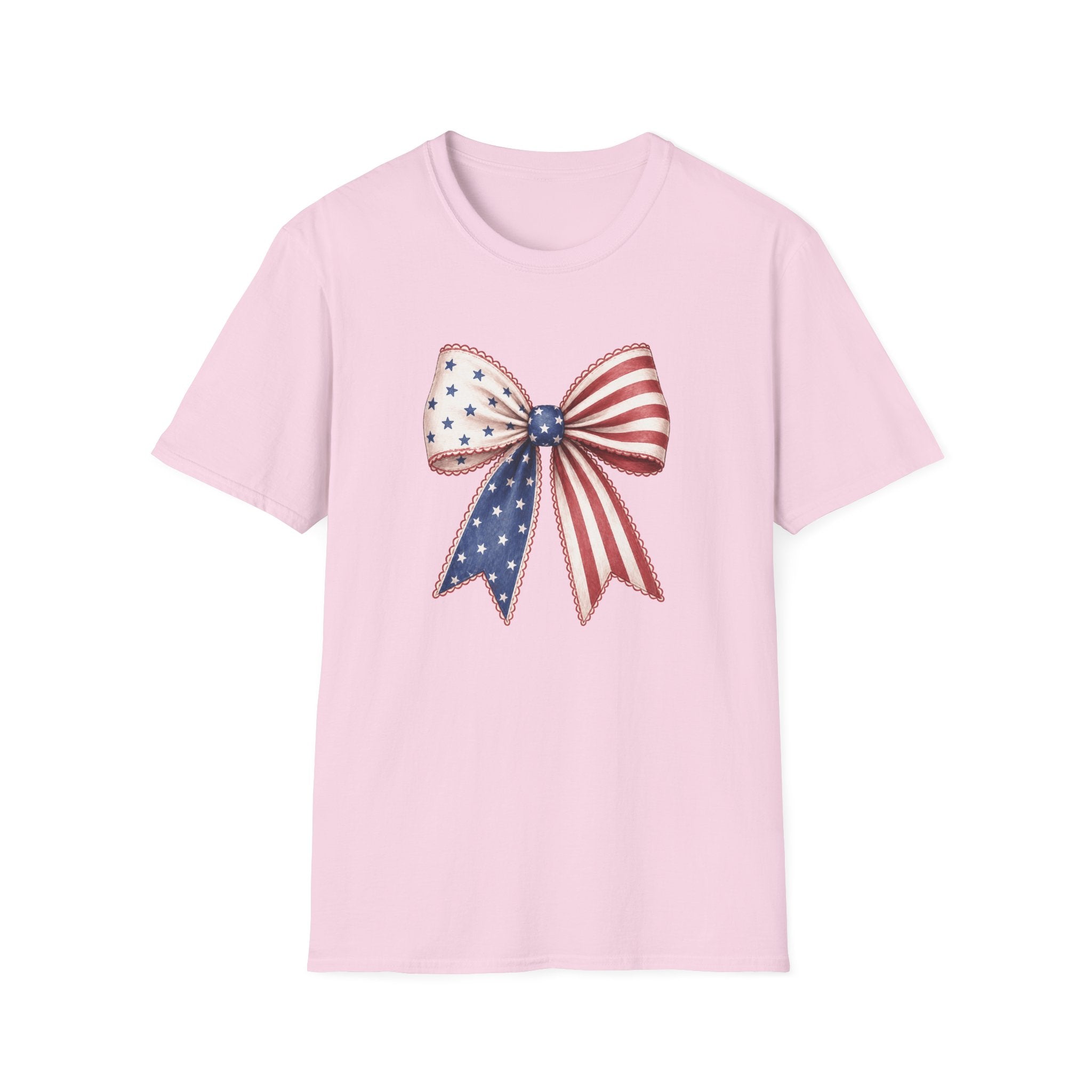 Patriotic American Flag Bow Tee, USA Pride Graphic Shirt, Fourth of July Outfit, Cute Red White Blue Bow Top