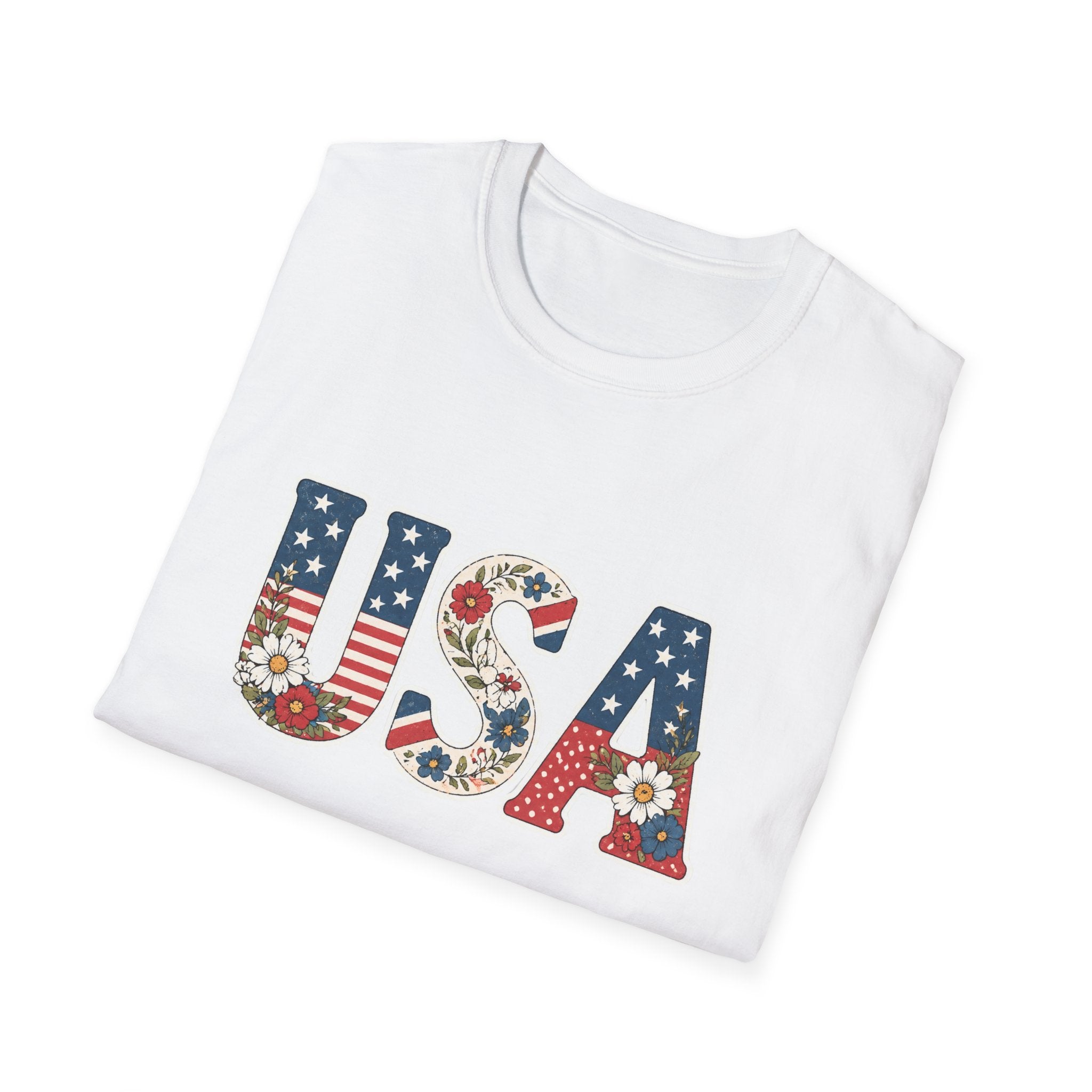 Floral USA T-Shirt, Cottagecore Patriotic Flower Letter Tee, 4th of July Wildflower America Shirt, Stars Stripes Daisy Poppy Gift, Vintage Botanical