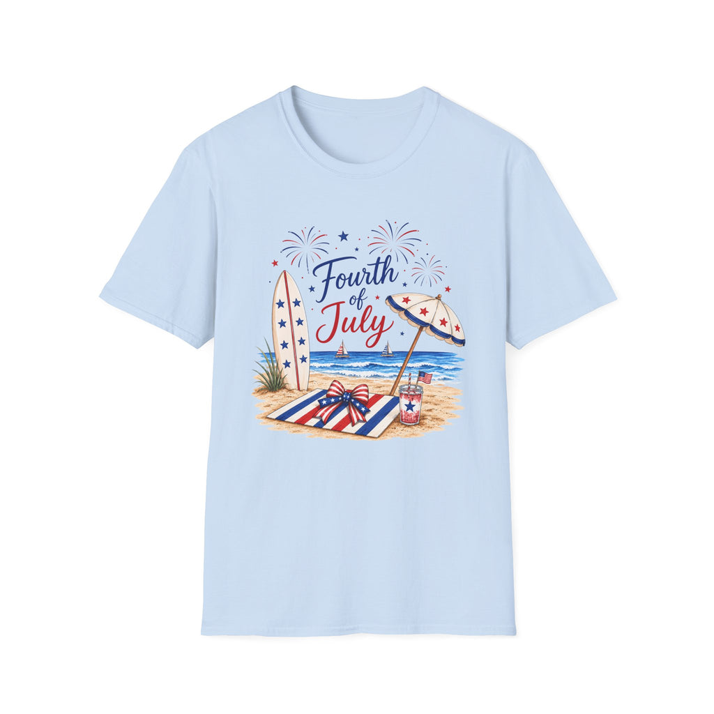 Fourth of July Beach Scene T-Shirt, Patriotic Summer Ocean Surfboard Tee, 4th of July Beach Vacation Shirt, Fireworks Umbrella Surfboard America