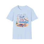 Fourth of July Beach Scene T-Shirt, Patriotic Summer Ocean Surfboard Tee, 4th of July Beach Vacation Shirt, Fireworks Umbrella Surfboard America