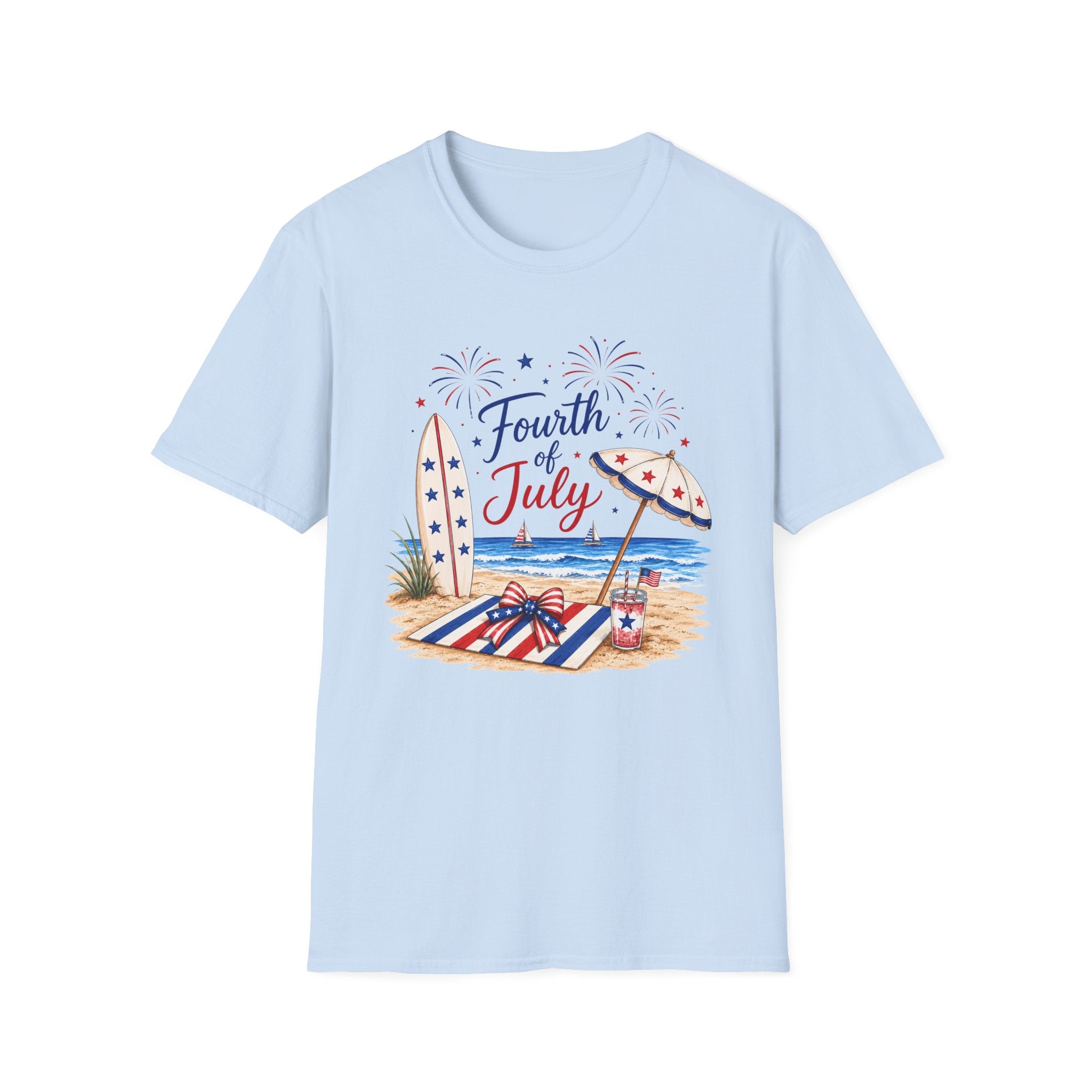 Fourth of July Beach Scene T-Shirt, Patriotic Summer Ocean Surfboard Tee, 4th of July Beach Vacation Shirt, Fireworks Umbrella Surfboard America