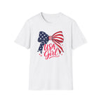 USA Girl T-Shirt, Coquette Flag Bow Pink Script Tee, 4th of July Girl Shirt Women Teens, Stars Stripes Bow Sparkle Patriotic Gift, Cute Pink Script Independence Day Tee