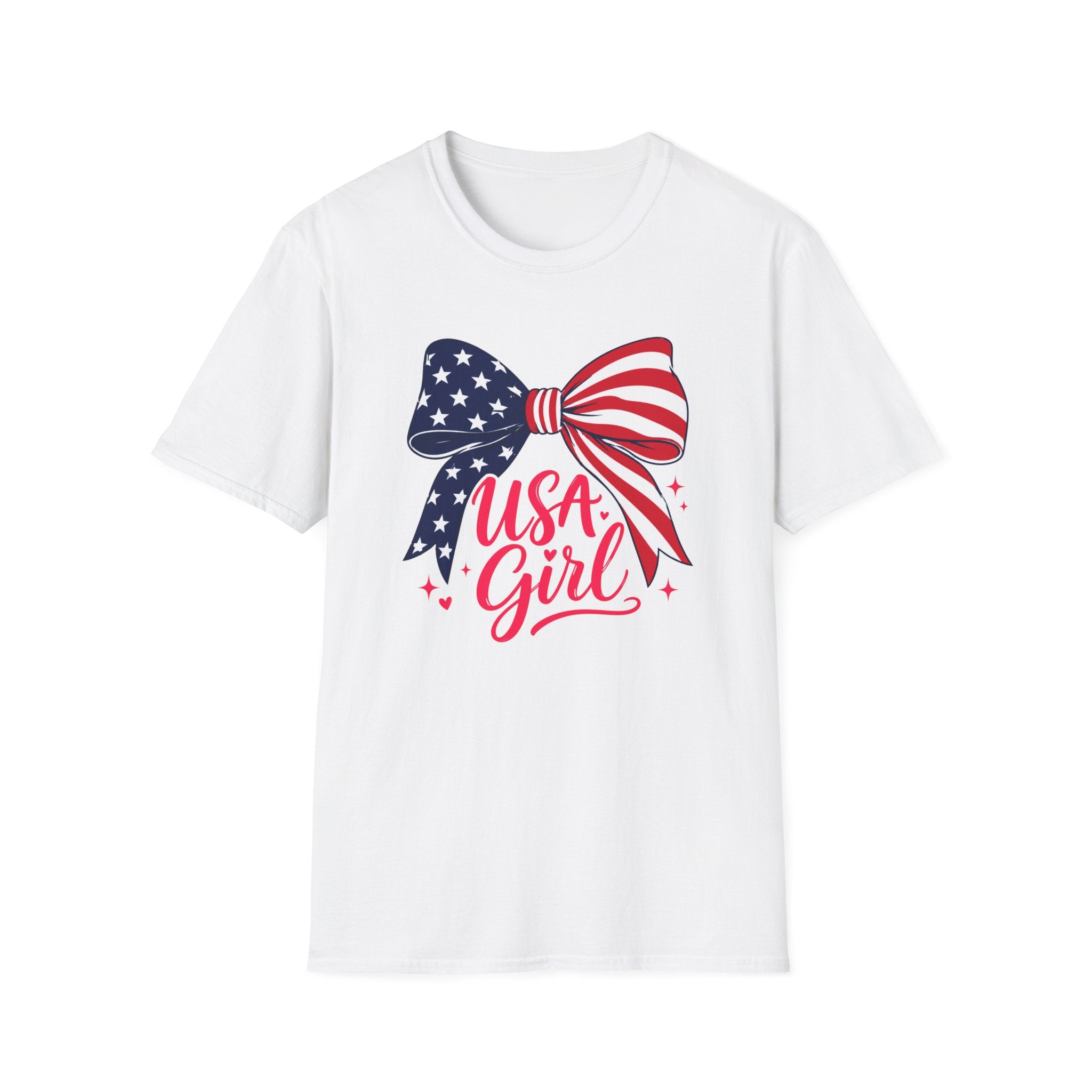 USA Girl T-Shirt, Coquette Flag Bow Pink Script Tee, 4th of July Girl Shirt Women Teens, Stars Stripes Bow Sparkle Patriotic Gift, Cute Pink Script Independence Day Tee
