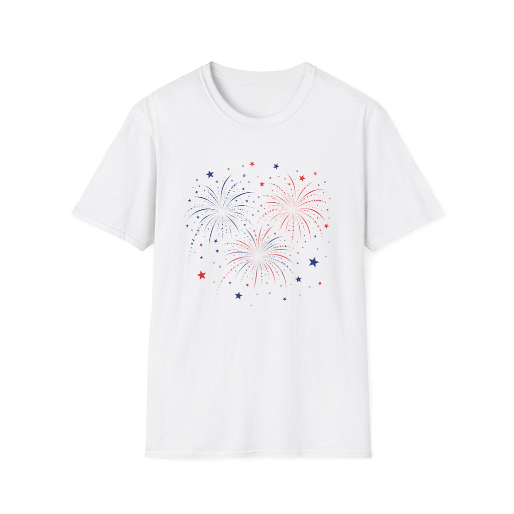 Minimalist Patriotic Fireworks T-Shirt | Fourth Of July American Flag Colors Graphic Tee, Red White Blue Stars Top