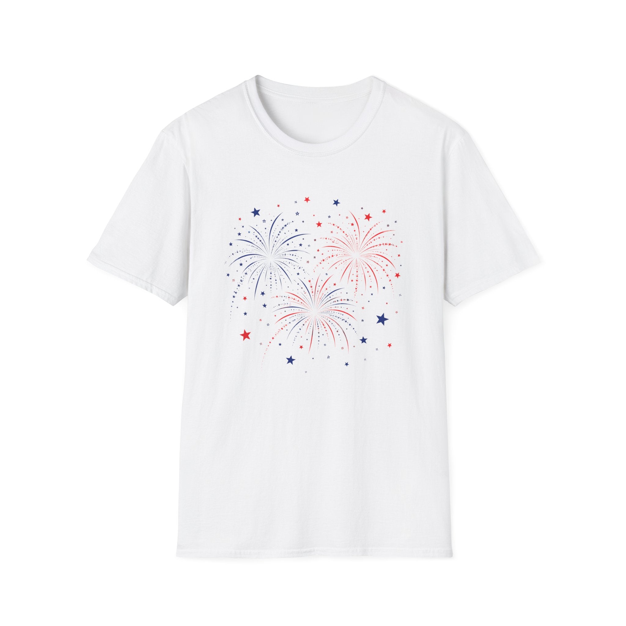 Minimalist Patriotic Fireworks T-Shirt | Fourth Of July American Flag Colors Graphic Tee, Red White Blue Stars Top