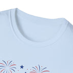 Fourth of July Beach Scene T-Shirt, Patriotic Summer Ocean Surfboard Tee, 4th of July Beach Vacation Shirt, Fireworks Umbrella Surfboard America