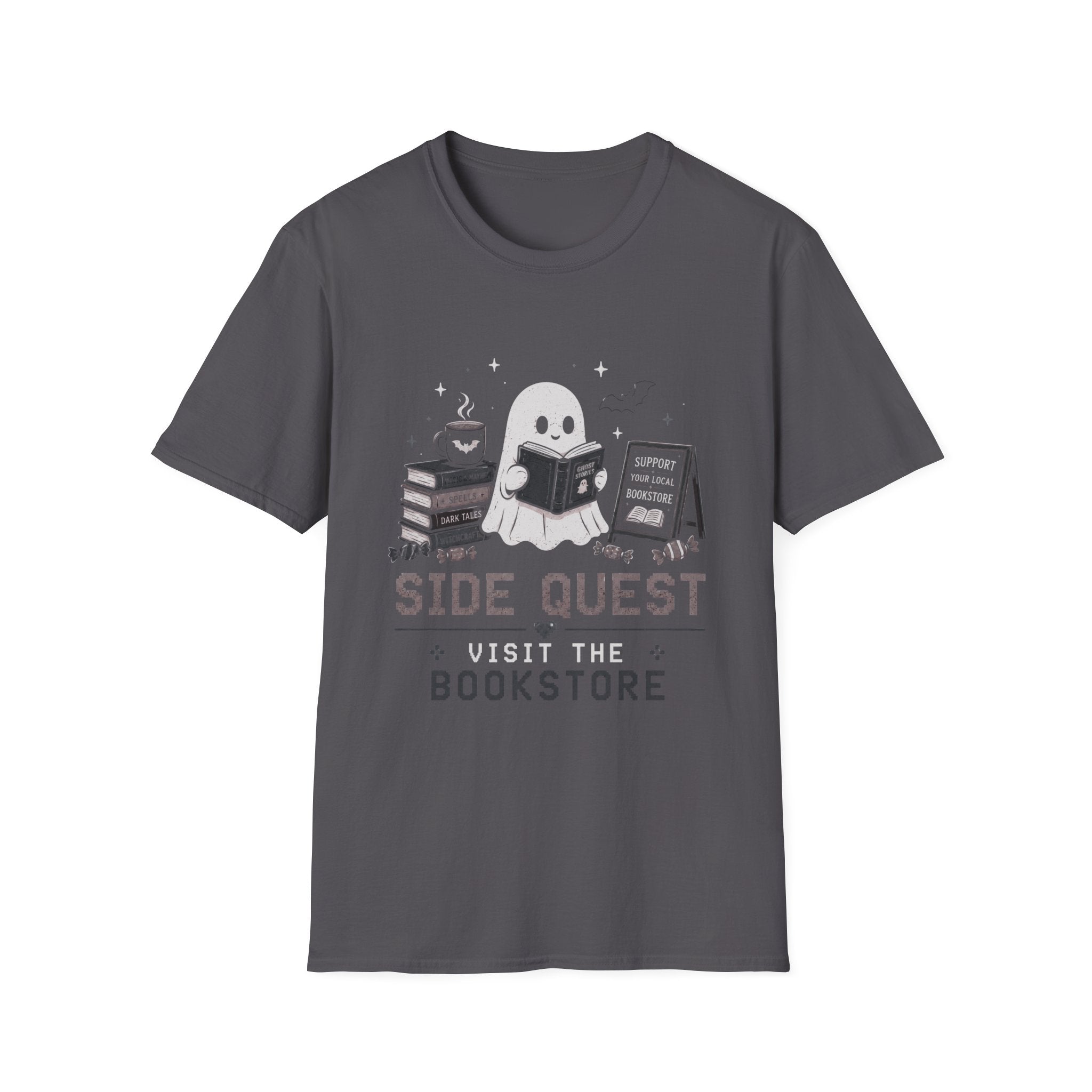 Ghost Reader T-Shirt — "Side Quest: Visit the Bookstore" Cute Halloween Book Lover Tee