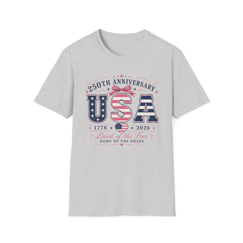 250th Anniversary USA Coquette Bow Shirt, Land of the Free Home of the Brave Women's Tee, Varsity Stars Stripes Heart 1776 2026 T-Shirt