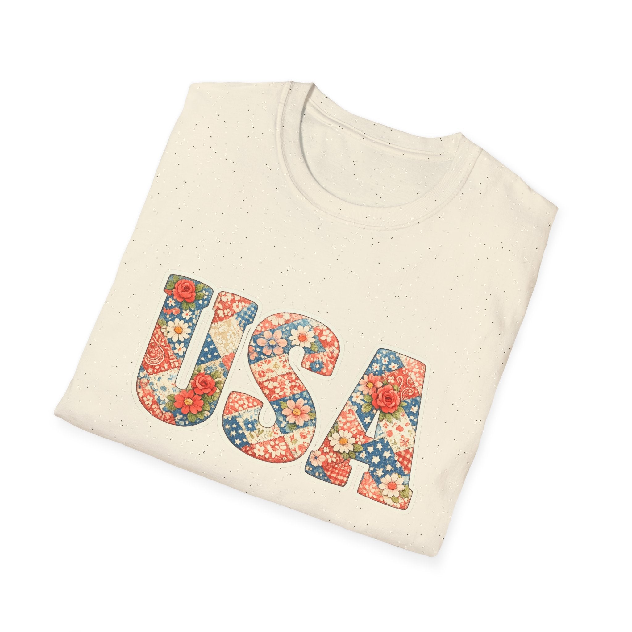 Quilted Patchwork USA T-Shirt, Vintage Floral Rose Daisy America Tee, Cottagecore Patriotic Letter Shirt, 4th of July Grandma Quilt Style
