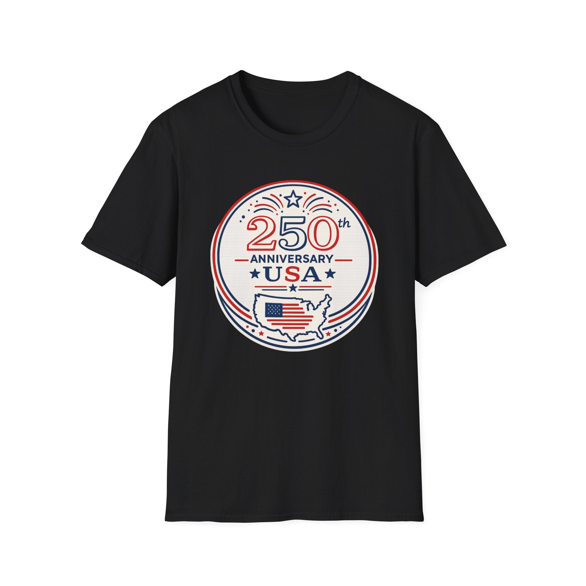 USA 250th Anniversary T-Shirt | Semiquincentennial Patriotic Map Graphic Tee, American Flag Round Emblem Top