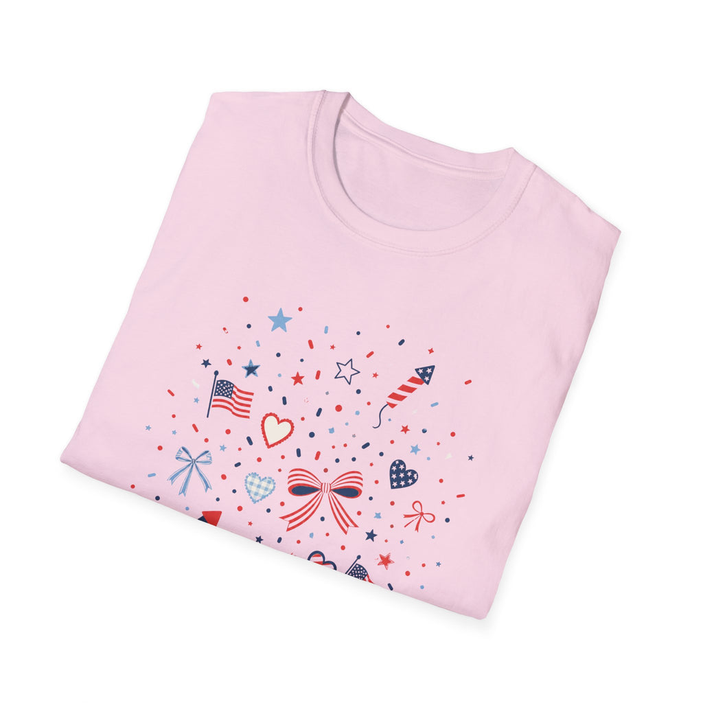 Patriotic Doodle Collage T-Shirt, Cute 4th of July Bow Heart Flag Confetti Tee, Whimsical Festive America Shirt, Coquette Patriotic Icon Scatter Gift