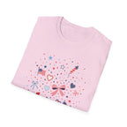Patriotic Doodle Collage T-Shirt, Cute 4th of July Bow Heart Flag Confetti Tee, Whimsical Festive America Shirt, Coquette Patriotic Icon Scatter Gift