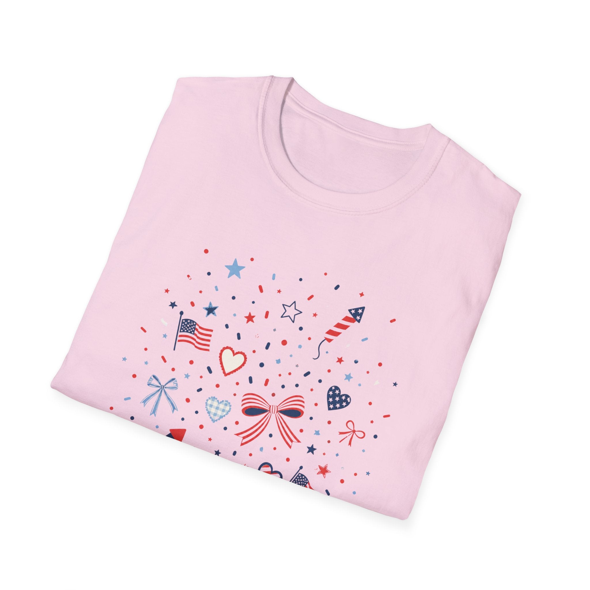 Patriotic Doodle Collage T-Shirt, Cute 4th of July Bow Heart Flag Confetti Tee, Whimsical Festive America Shirt, Coquette Patriotic Icon Scatter Gift