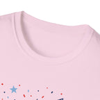 Patriotic Doodle Collage T-Shirt, Cute 4th of July Bow Heart Flag Confetti Tee, Whimsical Festive America Shirt, Coquette Patriotic Icon Scatter Gift