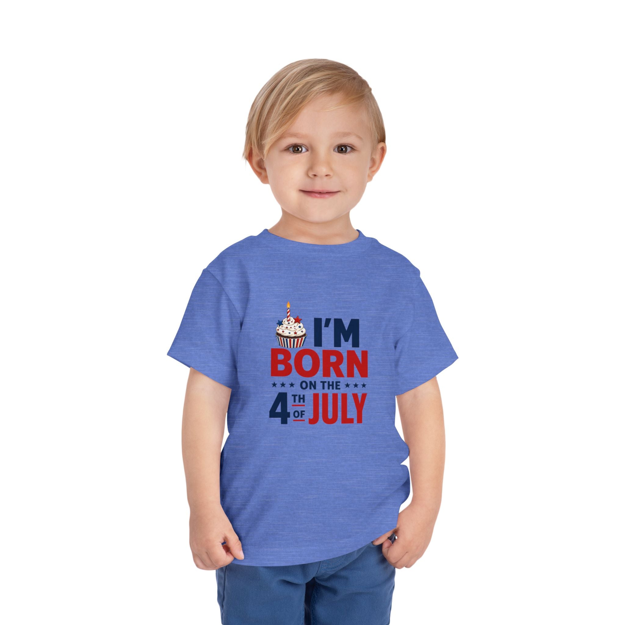 Born on the 4th of July Tee, Patriotic Birthday USA Shirt, Red White Blue Cupcake Graphic Top, Independence Day Celebration Outfit Toddler Short Sleeve Tee
