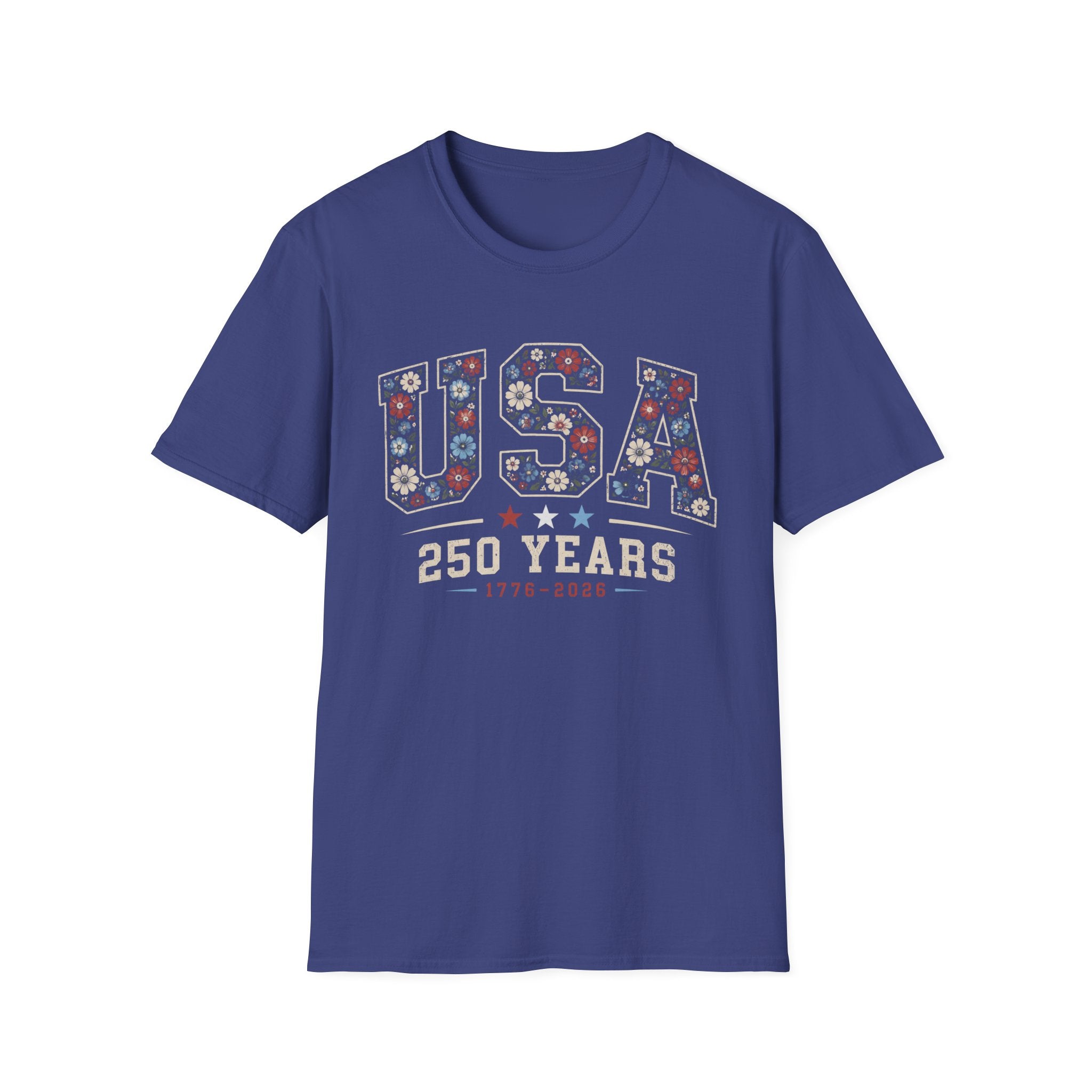 USA 250 Years T-Shirt | Semiquincentennial Patriotic Floral Graphic Tee, 1776 2026 Varsity Block Lettering Top