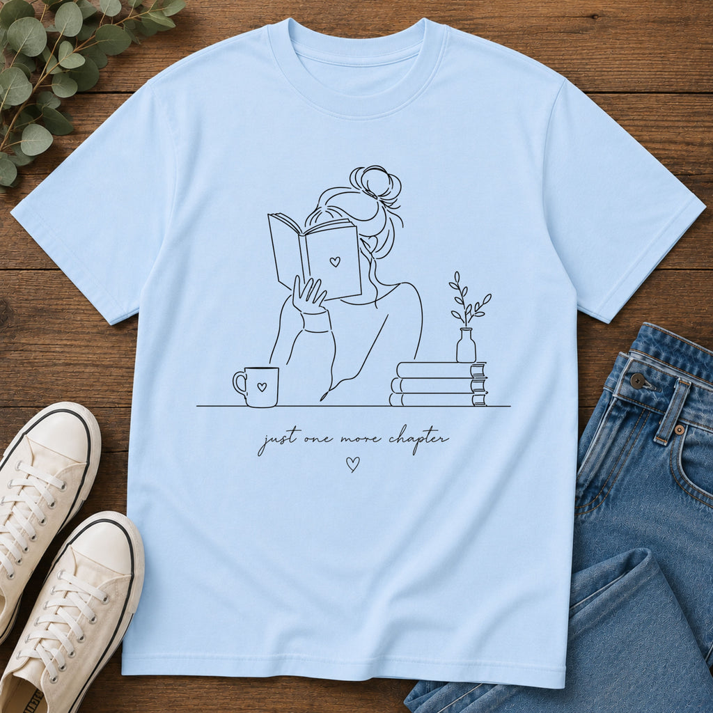 Minimal Line Art Reading Tee — "Just One More Chapter" T-Shirt