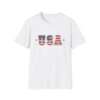 USA Varsity Lettering T-Shirt | Patriotic American Flag Block Graphic Tee, Fourth Of July Stars Stripes Top