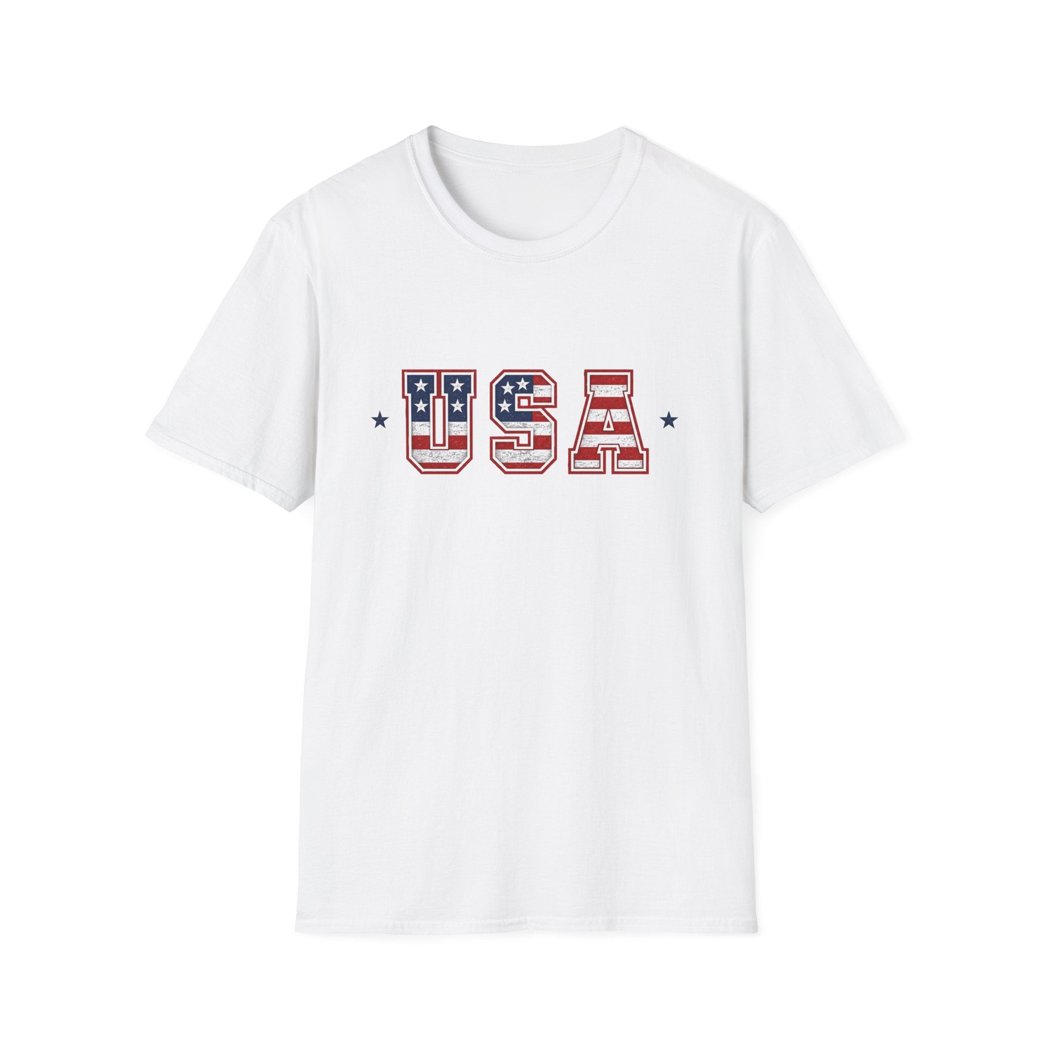 USA Varsity Lettering T-Shirt | Patriotic American Flag Block Graphic Tee, Fourth Of July Stars Stripes Top