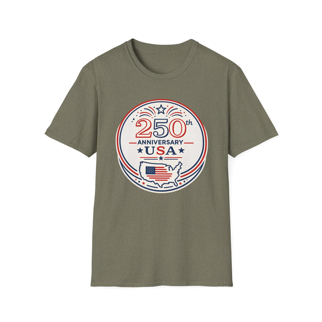 USA 250th Anniversary T-Shirt | Semiquincentennial Patriotic Map Graphic Tee, American Flag Round Emblem Top