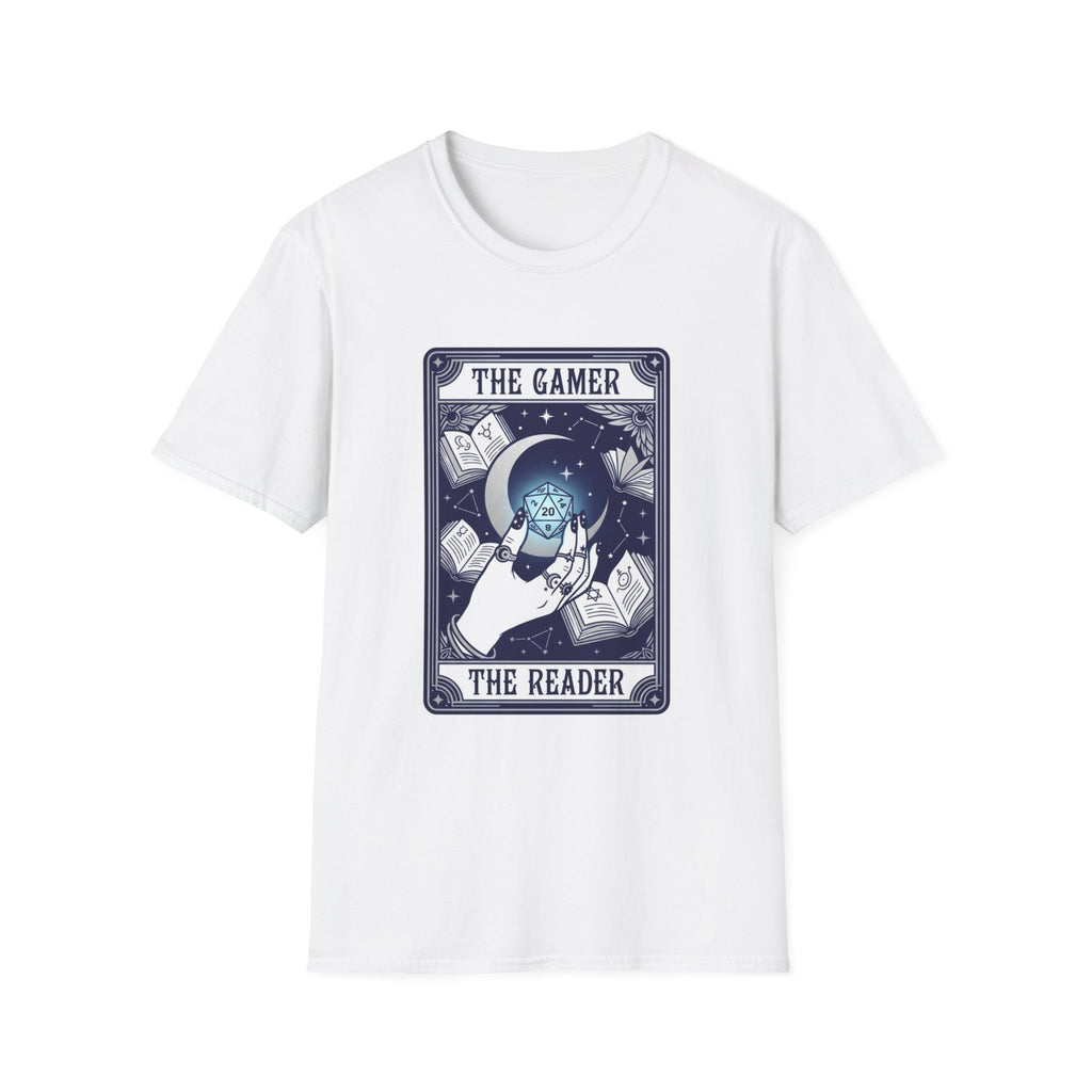 The Gamer The Reader T‑Shirt — Fantasy Dice & Book Illustration Tee