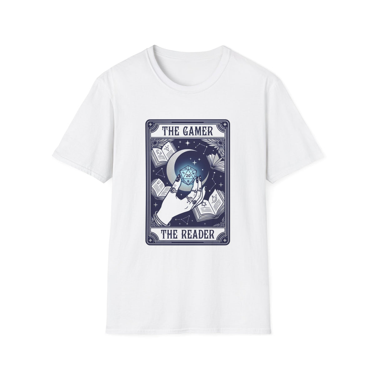 The Gamer The Reader T‑Shirt — Fantasy Dice & Book Illustration Tee