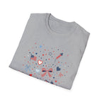 Patriotic Doodle Collage T-Shirt, Cute 4th of July Bow Heart Flag Confetti Tee, Whimsical Festive America Shirt, Coquette Patriotic Icon Scatter Gift