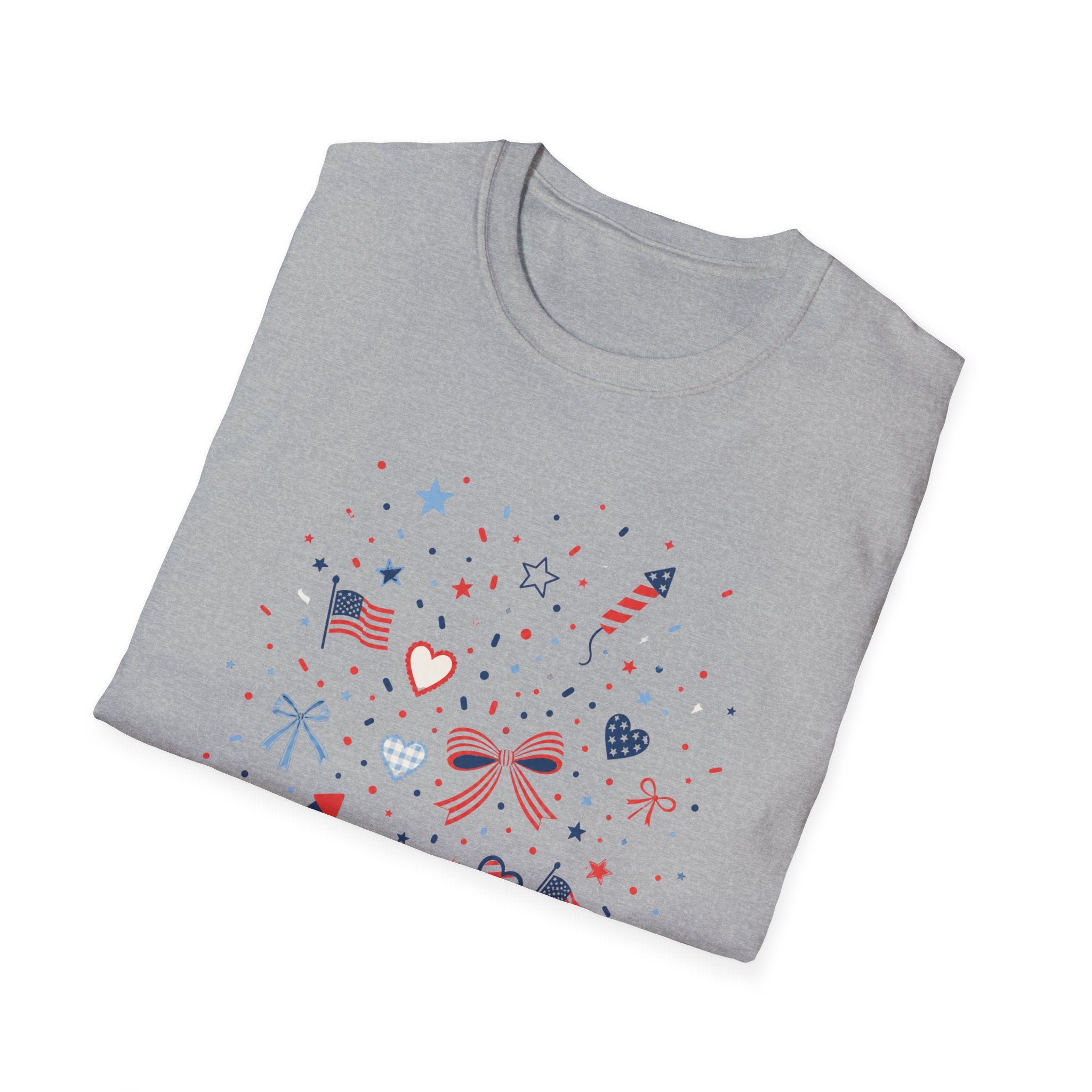 Patriotic Doodle Collage T-Shirt, Cute 4th of July Bow Heart Flag Confetti Tee, Whimsical Festive America Shirt, Coquette Patriotic Icon Scatter Gift