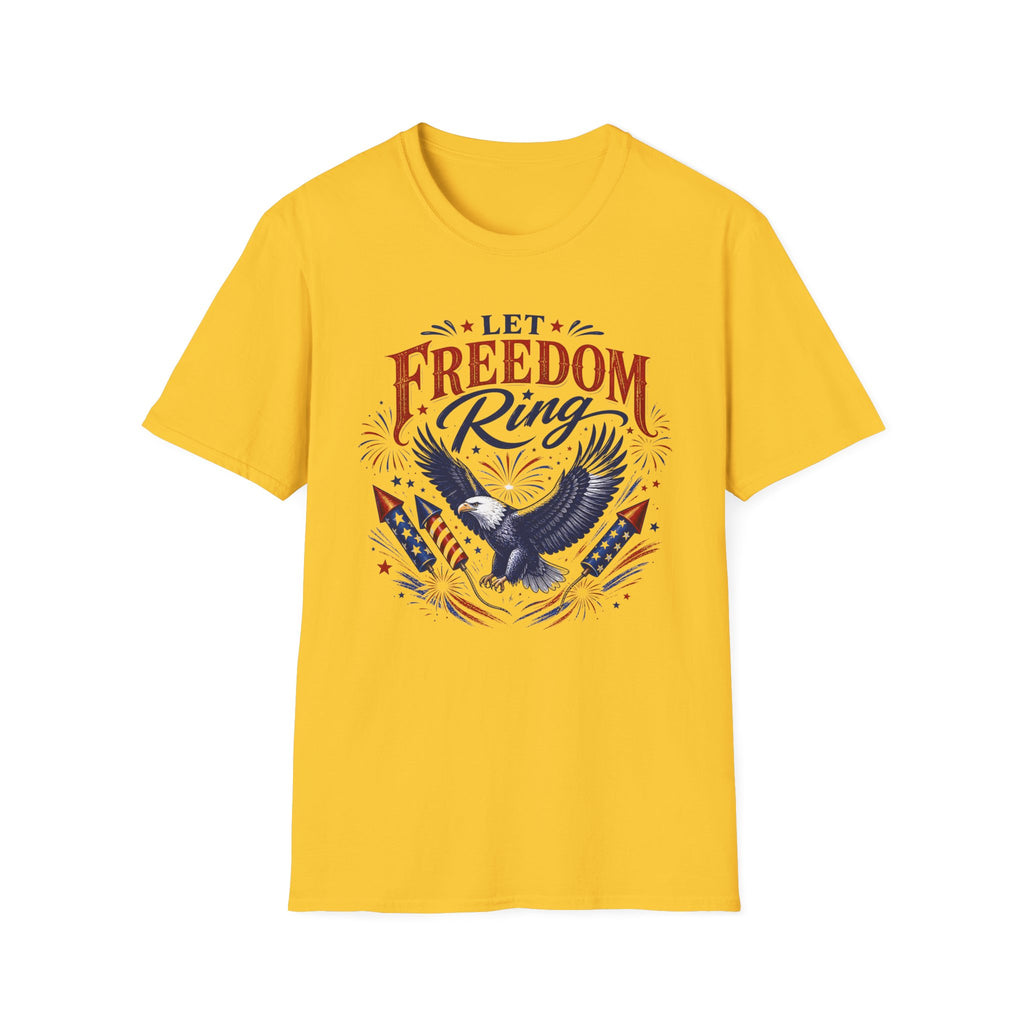 Let Freedom Ring T-Shirt | Patriotic American Bald Eagle Graphic Tee, Fourth Of July Retro Fireworks Top