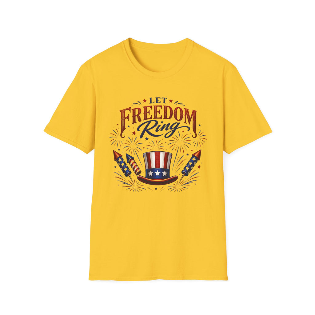 Let Freedom Ring T-Shirt | Patriotic Uncle Sam Hat Graphic Tee, Fourth Of July Charcoal Fireworks Top