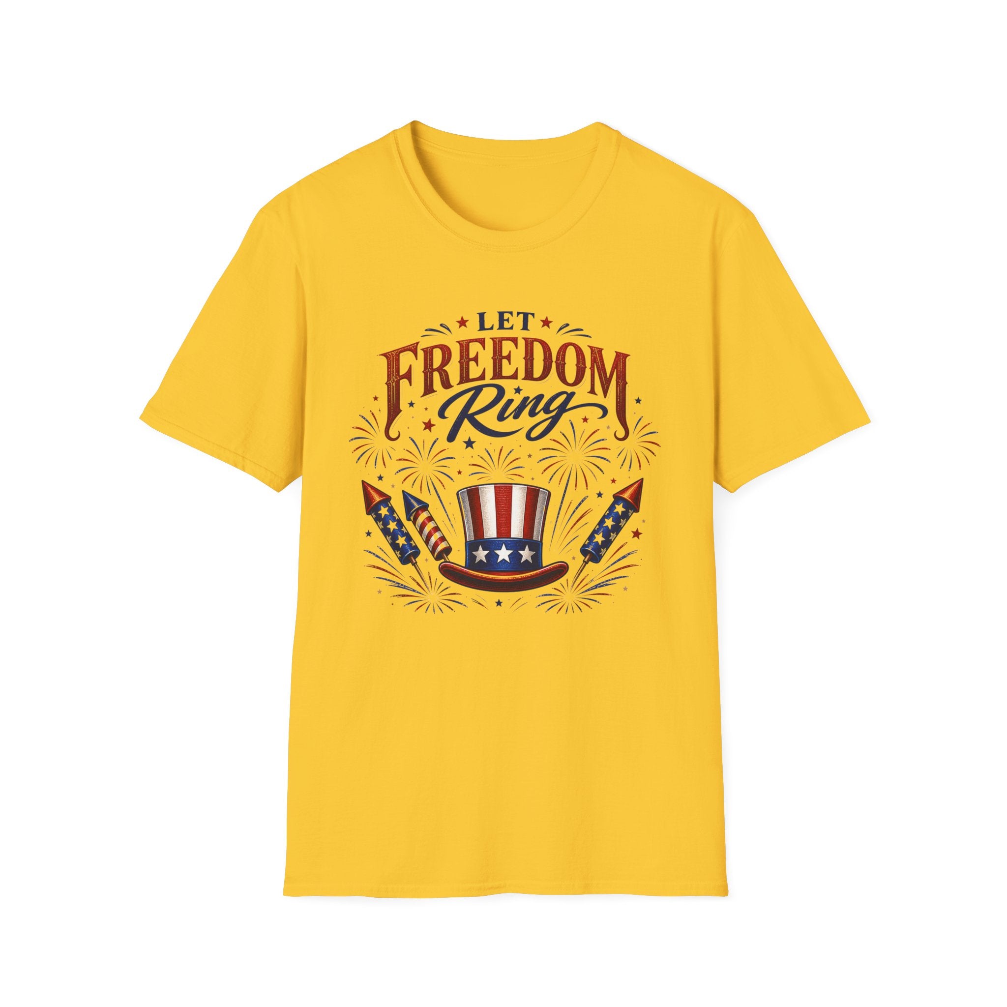 Let Freedom Ring T-Shirt | Patriotic Uncle Sam Hat Graphic Tee, Fourth Of July Charcoal Fireworks Top