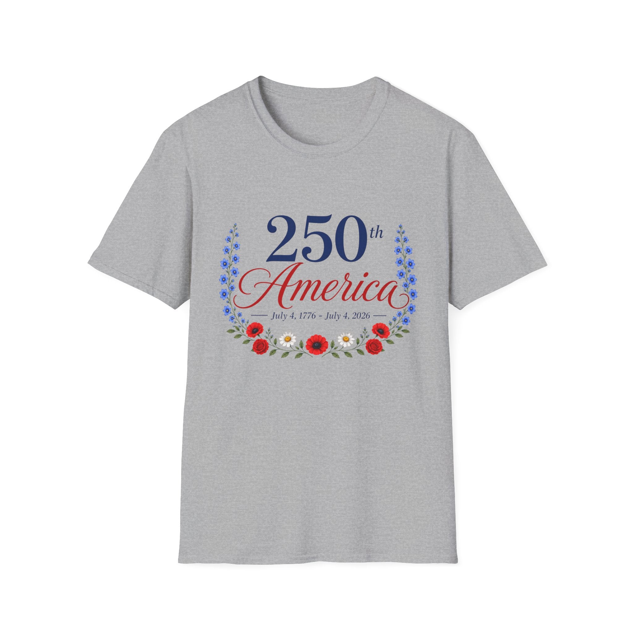 250th America Floral T-Shirt, July 4 1776 2026 Anniversary Tee, Patriotic Flower Shirt, America 250th Birthday Gift, Cottagecore 4th of July Tee