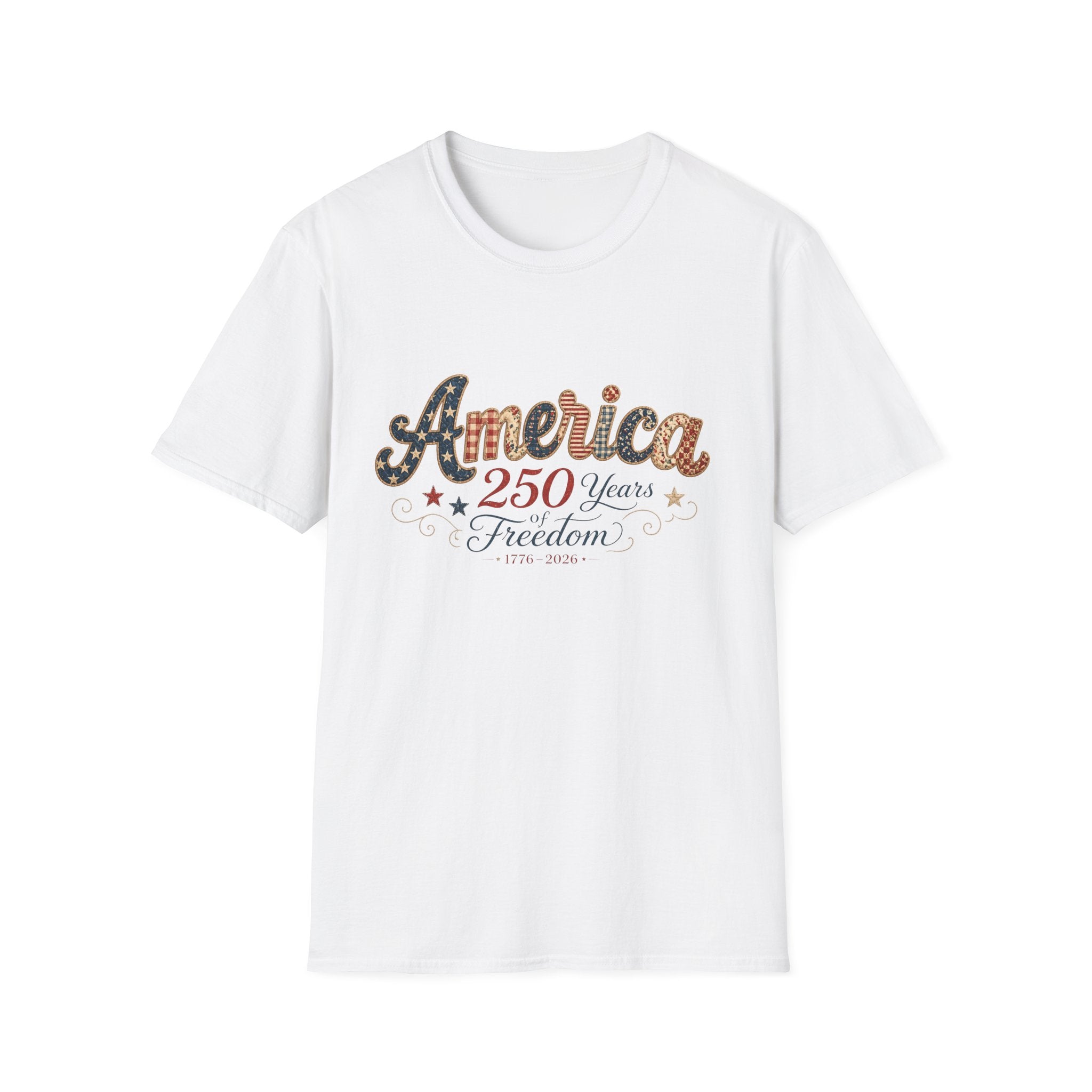 America 250 Years of Freedom Patchwork Shirt, Retro Patriotic Script Tee 1776 2026, 4th of July Vintage Americana T-Shirt, Gingham Stars Scrollwork Anniversary