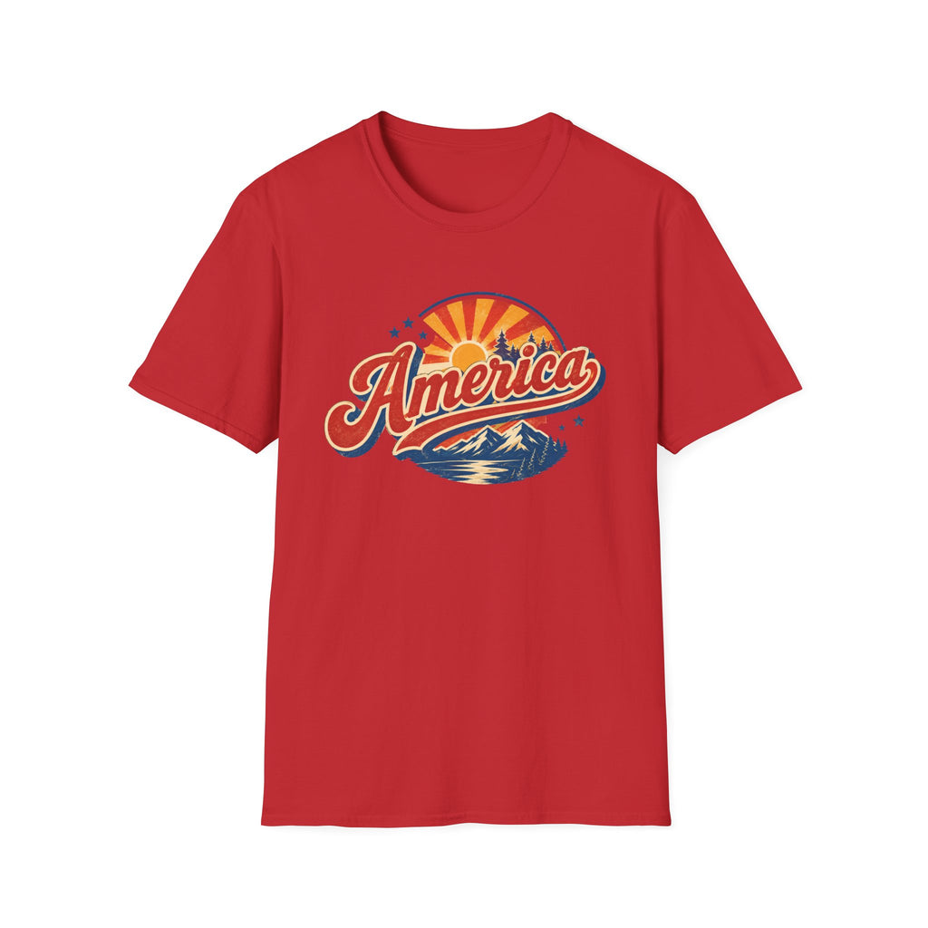 Retro America Shirt 4th of July Vintage Mountain Graphic Tee Sunset Landscape Fourth July Patriotic Stars Nature Lover
