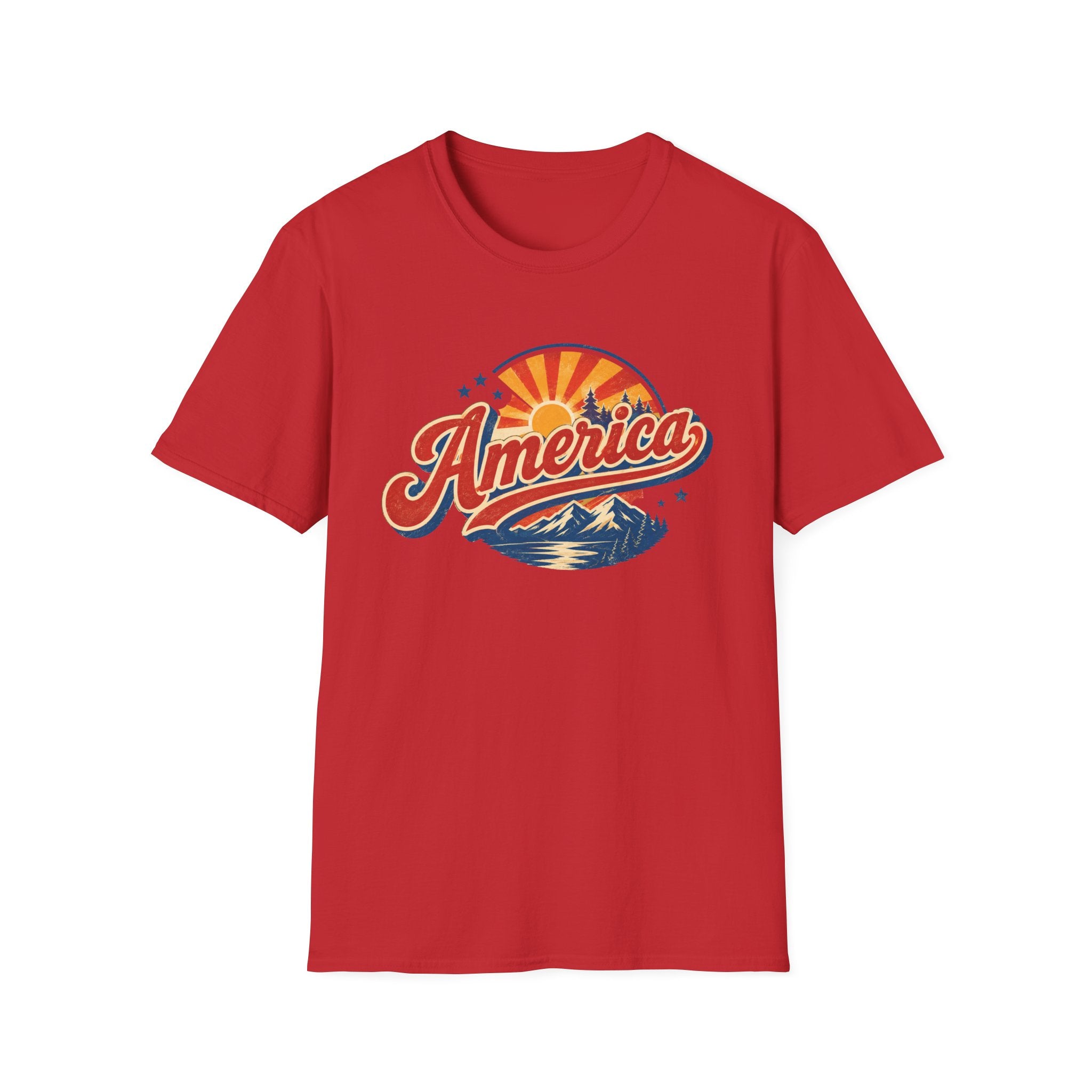 Retro America Shirt 4th of July Vintage Mountain Graphic Tee Sunset Landscape Fourth July Patriotic Stars Nature Lover