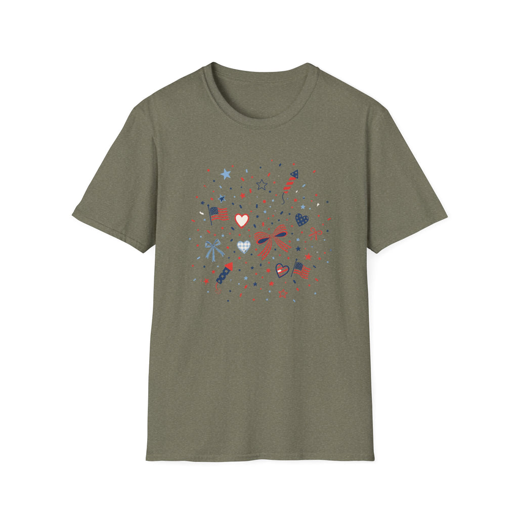 Patriotic Doodle Collage T-Shirt, Cute 4th of July Bow Heart Flag Confetti Tee, Whimsical Festive America Shirt, Coquette Patriotic Icon Scatter Gift