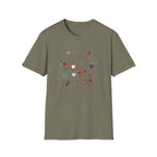 Patriotic Doodle Collage T-Shirt, Cute 4th of July Bow Heart Flag Confetti Tee, Whimsical Festive America Shirt, Coquette Patriotic Icon Scatter Gift