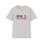 USA Varsity Lettering T-Shirt | Patriotic American Flag Block Graphic Tee, Fourth Of July Stars Stripes Top