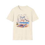 Fourth of July Beach Scene T-Shirt, Patriotic Summer Ocean Surfboard Tee, 4th of July Beach Vacation Shirt, Fireworks Umbrella Surfboard America