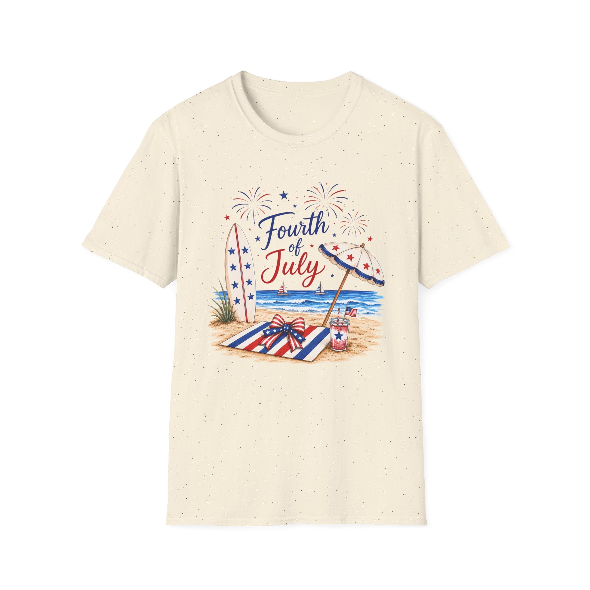Fourth of July Beach Scene T-Shirt, Patriotic Summer Ocean Surfboard Tee, 4th of July Beach Vacation Shirt, Fireworks Umbrella Surfboard America