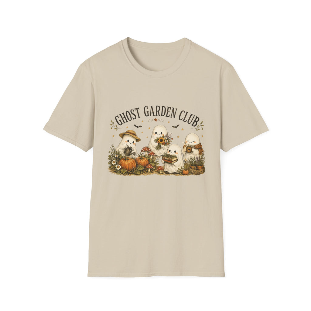 Ghost Garden Club T-Shirt — Cute Autumn Halloween Ghosts with Pumpkins & Flowers