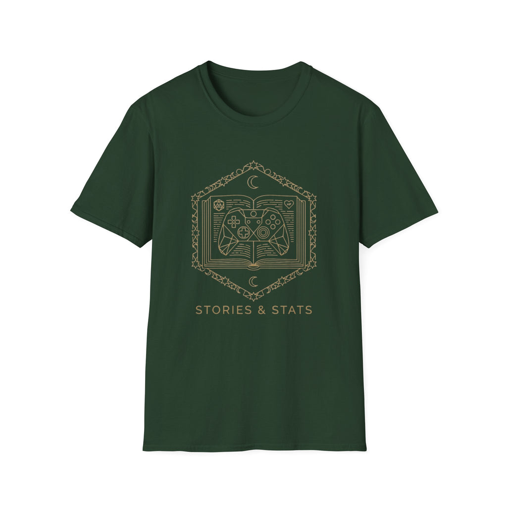 Gaming T-Shirt — 'Stories & Stats' Controller Spellbook Graphic