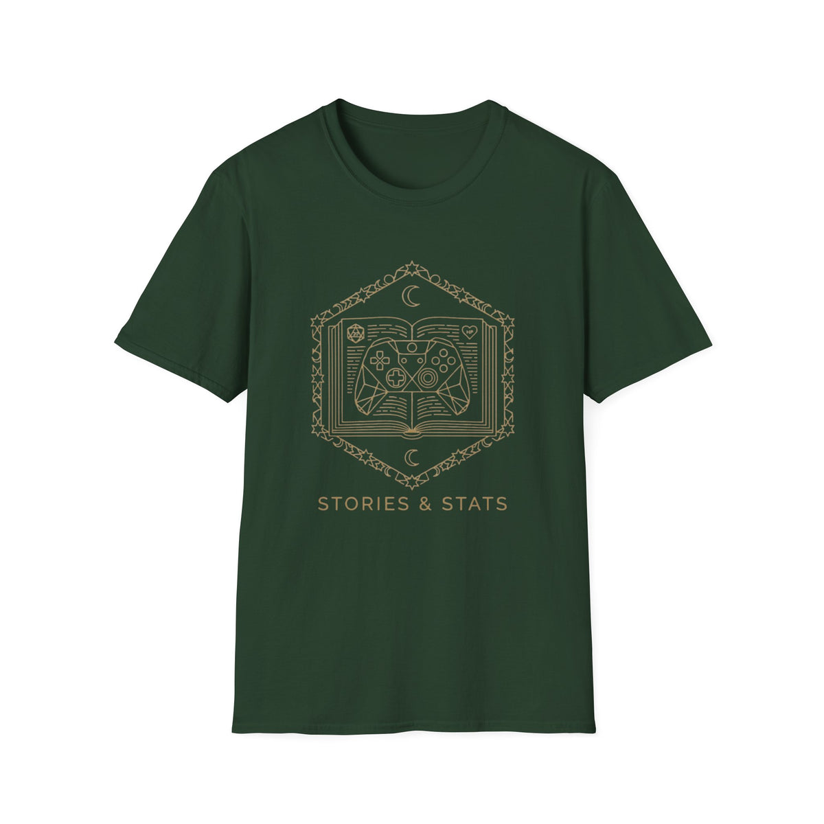 Gaming T-Shirt — 'Stories & Stats' Controller Spellbook Graphic