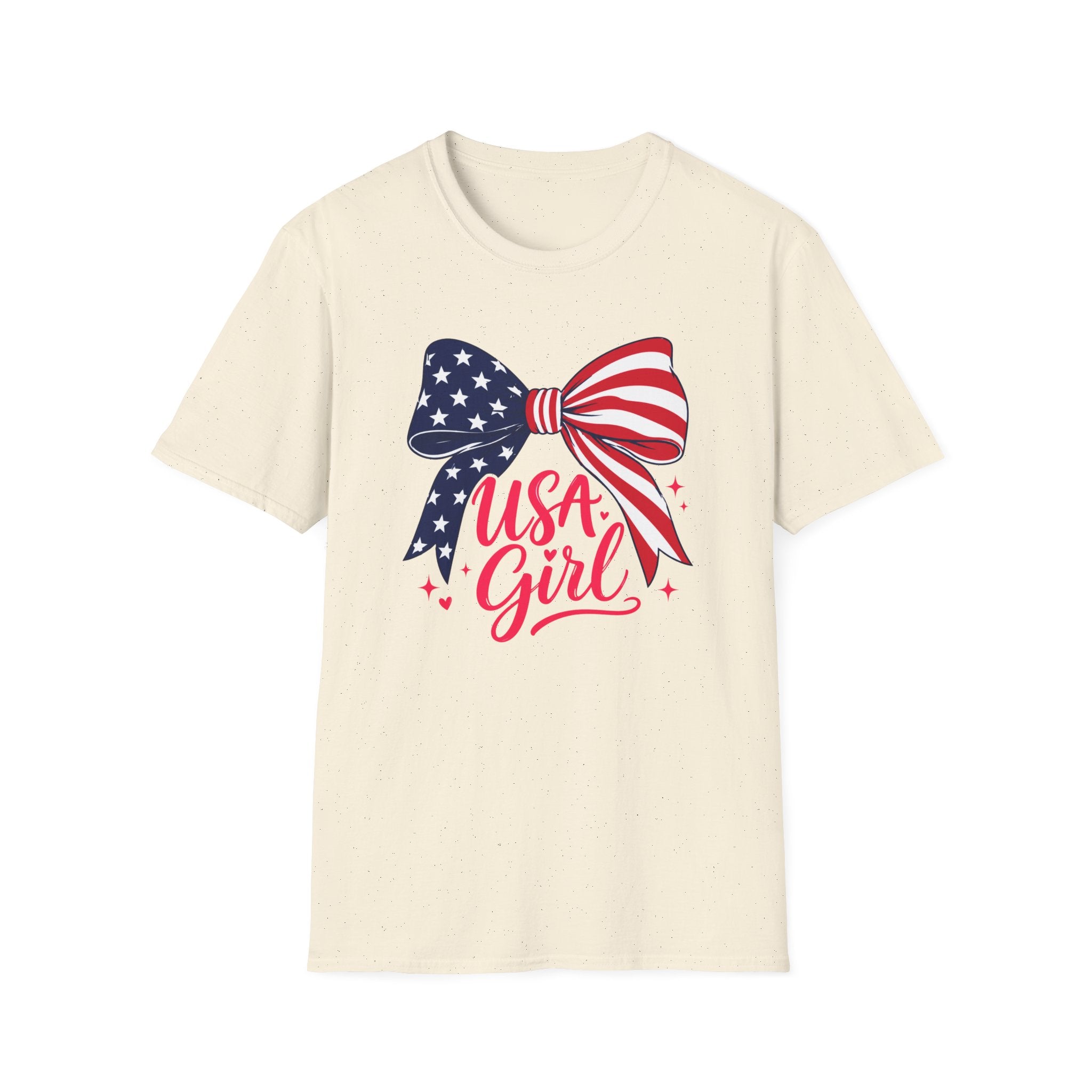 USA Girl T-Shirt, Coquette Flag Bow Pink Script Tee, 4th of July Girl Shirt Women Teens, Stars Stripes Bow Sparkle Patriotic Gift, Cute Pink Script Independence Day Tee