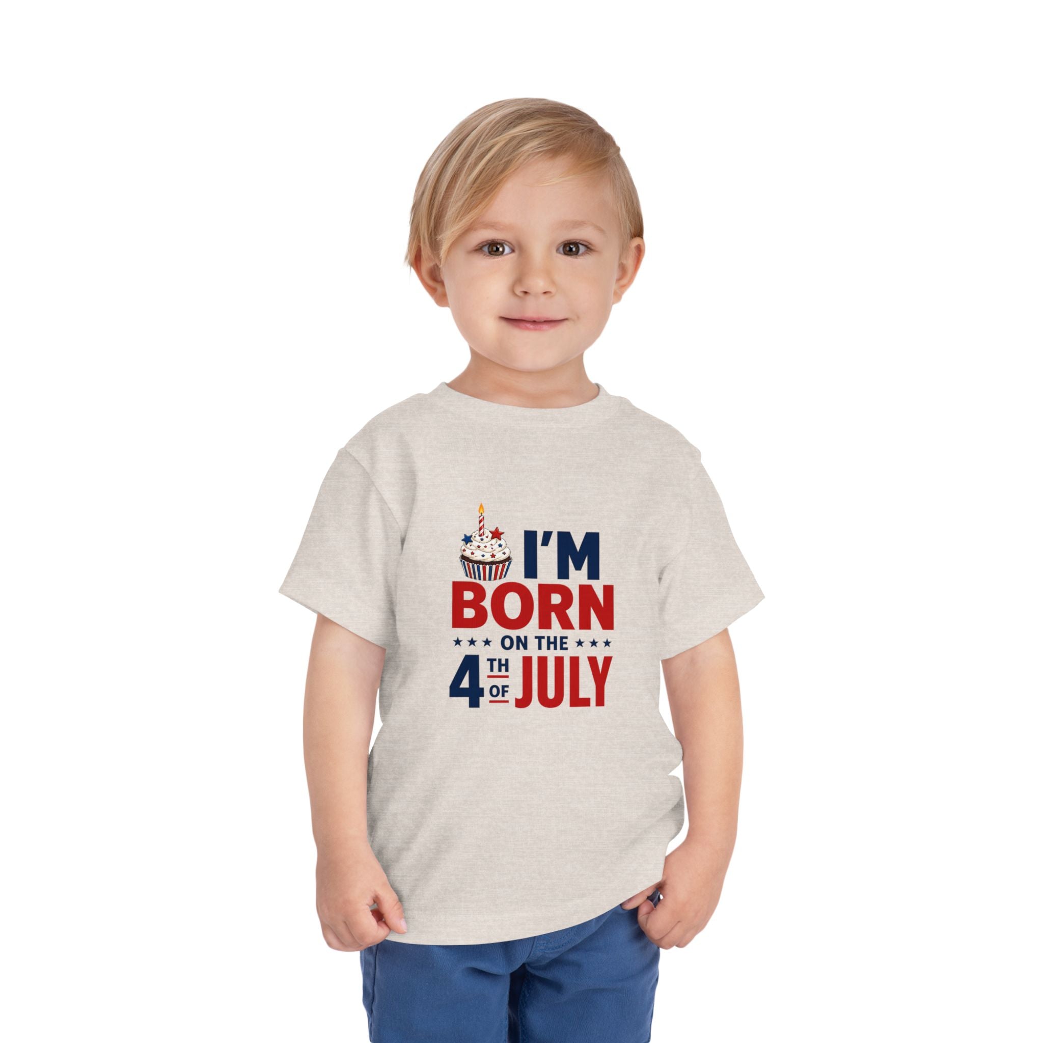 Born on the 4th of July Tee, Patriotic Birthday USA Shirt, Red White Blue Cupcake Graphic Top, Independence Day Celebration Outfit Toddler Short Sleeve Tee