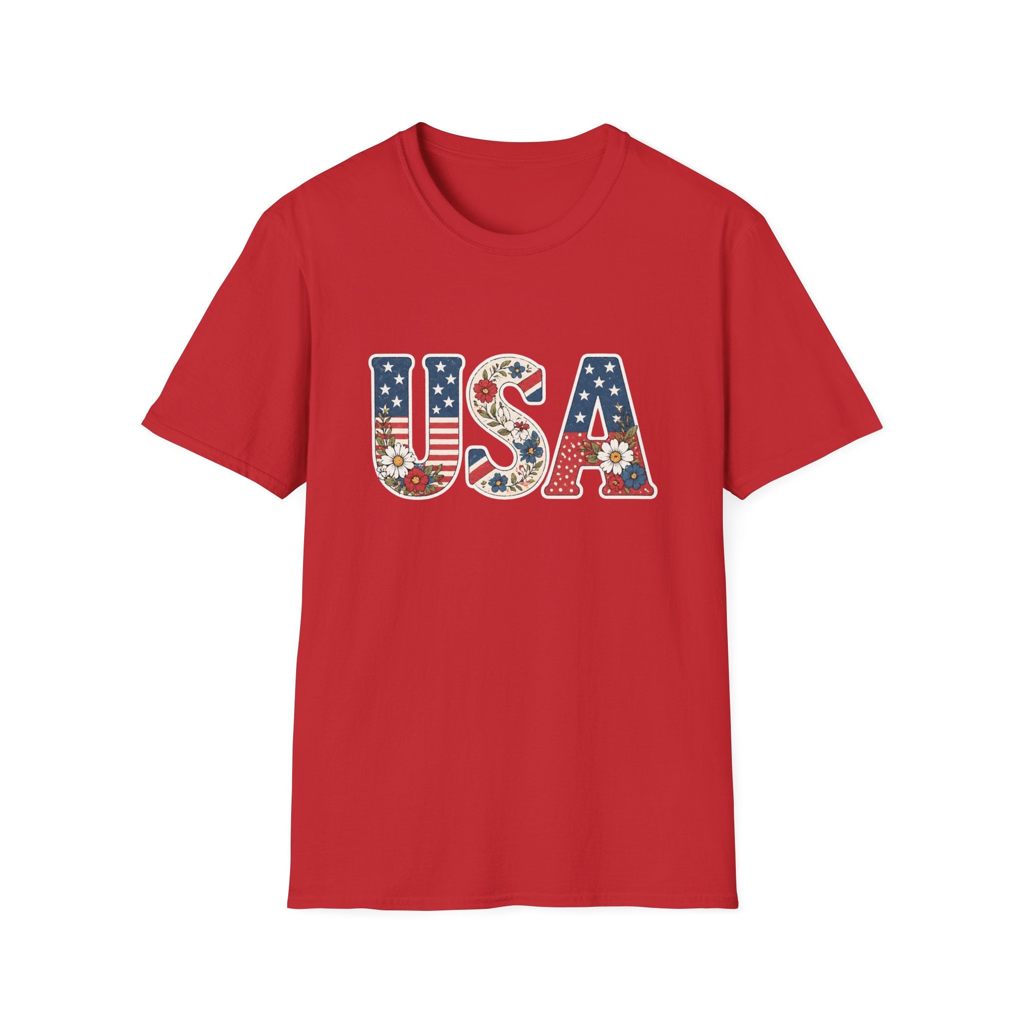 Floral USA T-Shirt, Cottagecore Patriotic Flower Letter Tee, 4th of July Wildflower America Shirt, Stars Stripes Daisy Poppy Gift, Vintage Botanical