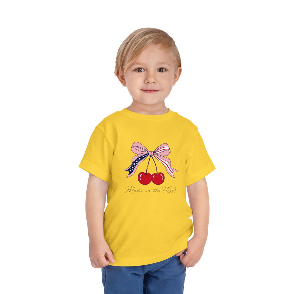 Made in the USA Cherry Tee, Patriotic Red White Blue Shirt, Cute Bow Fruit Graphic Top, Fourth of July Summer Outfit Toddler Short Sleeve Tee