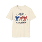 Liberty Love Justice Tee, Patriotic Bows USA Shirt, Red White Blue Graphic Top, American Pride Fourth of July Outfit T-Shirt